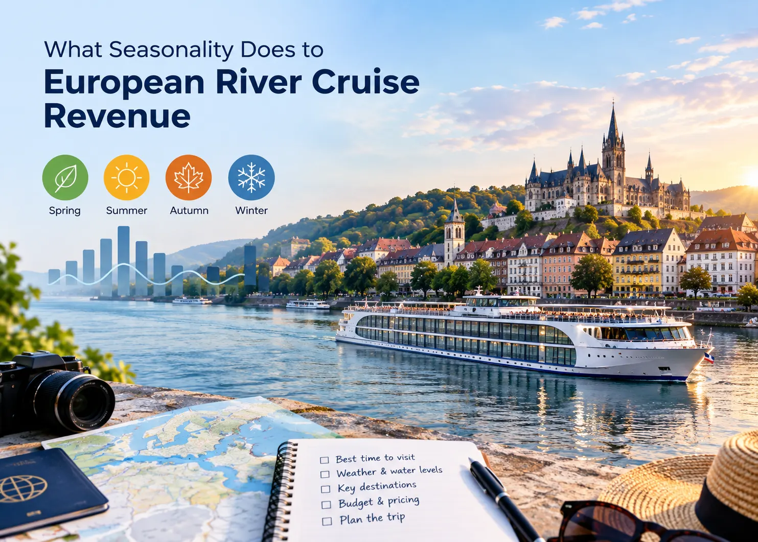 European river cruise ship sailing past a scenic historic town and castle, with seasonal icons, revenue growth chart, travel map, camera, notebook, and sunglasses, illustrating how seasonality influences European river cruise revenue, tourism demand, pricing, and operations.